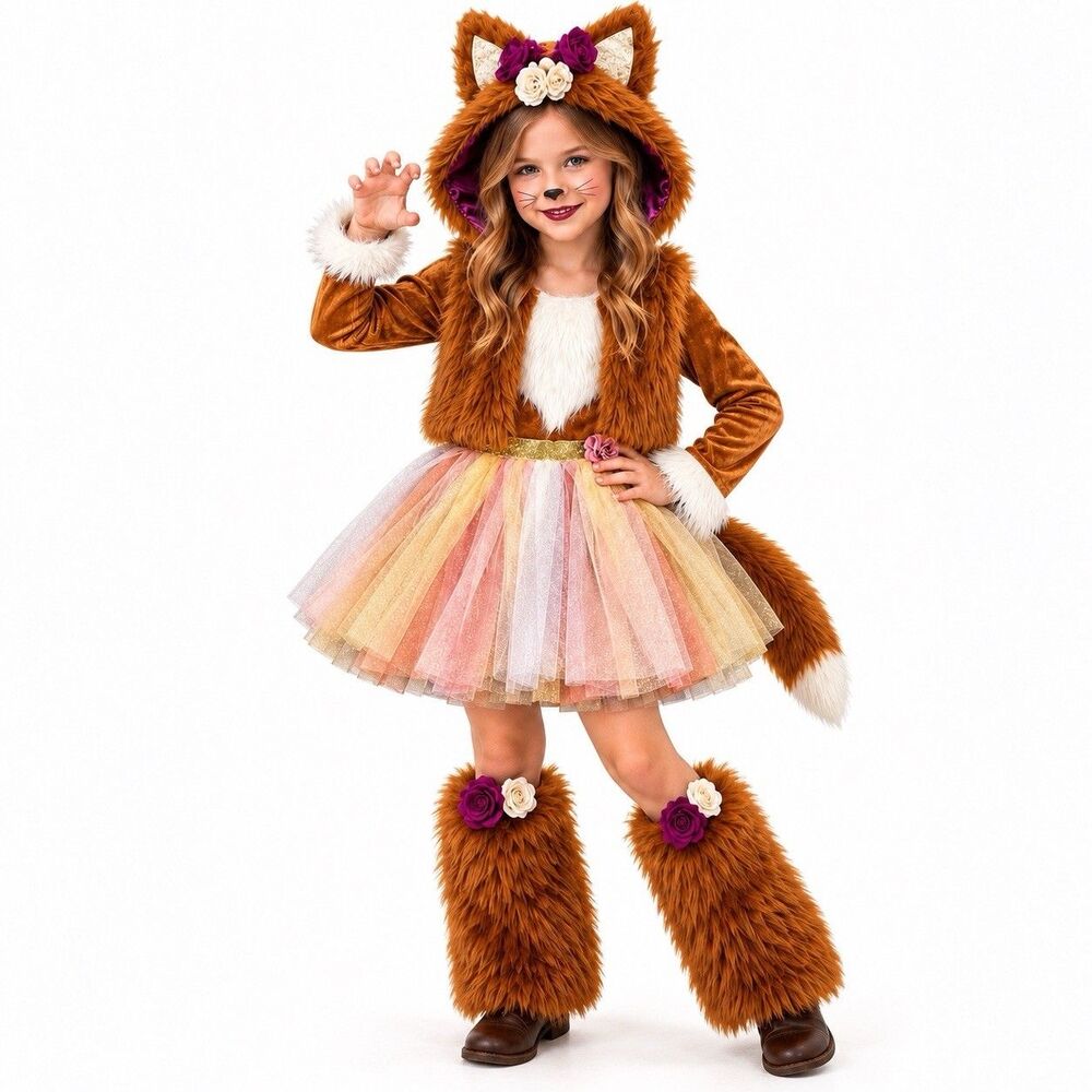 Spirit Halloween Luxurious Fox Costume Girls Tutu Dress Hooded Vest Medium 8-10